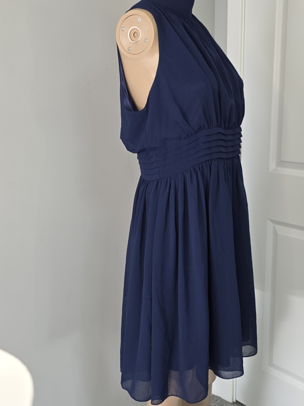 Ya Los Angeles Windy City Navy Halter Midi Dress Sz L Side Zip Lined Chiffon - Picture 7 of 16